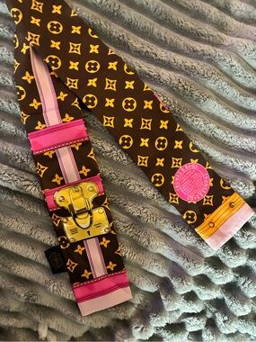 Monogram Print Silk Scarf Tie with Pink & Gold Accents Designer LV